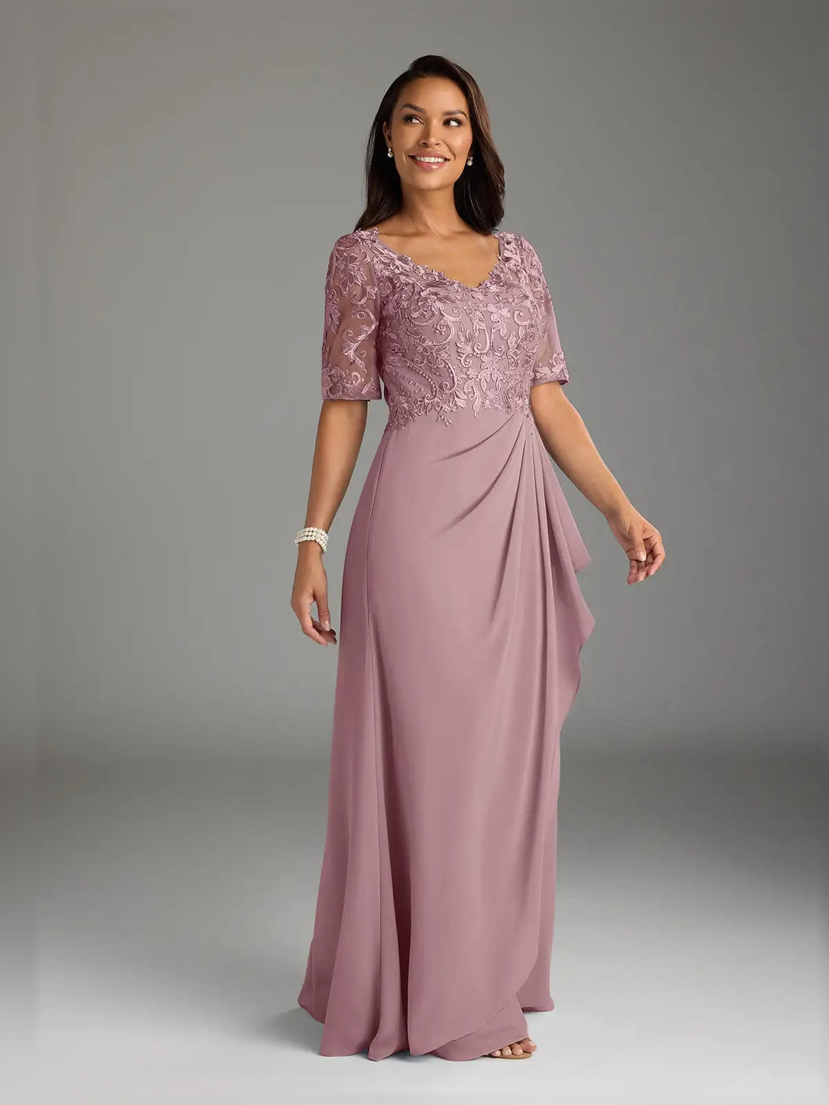 Dusty Rose maxi mother of the bride dress, alternate view showing the bodice and skirt