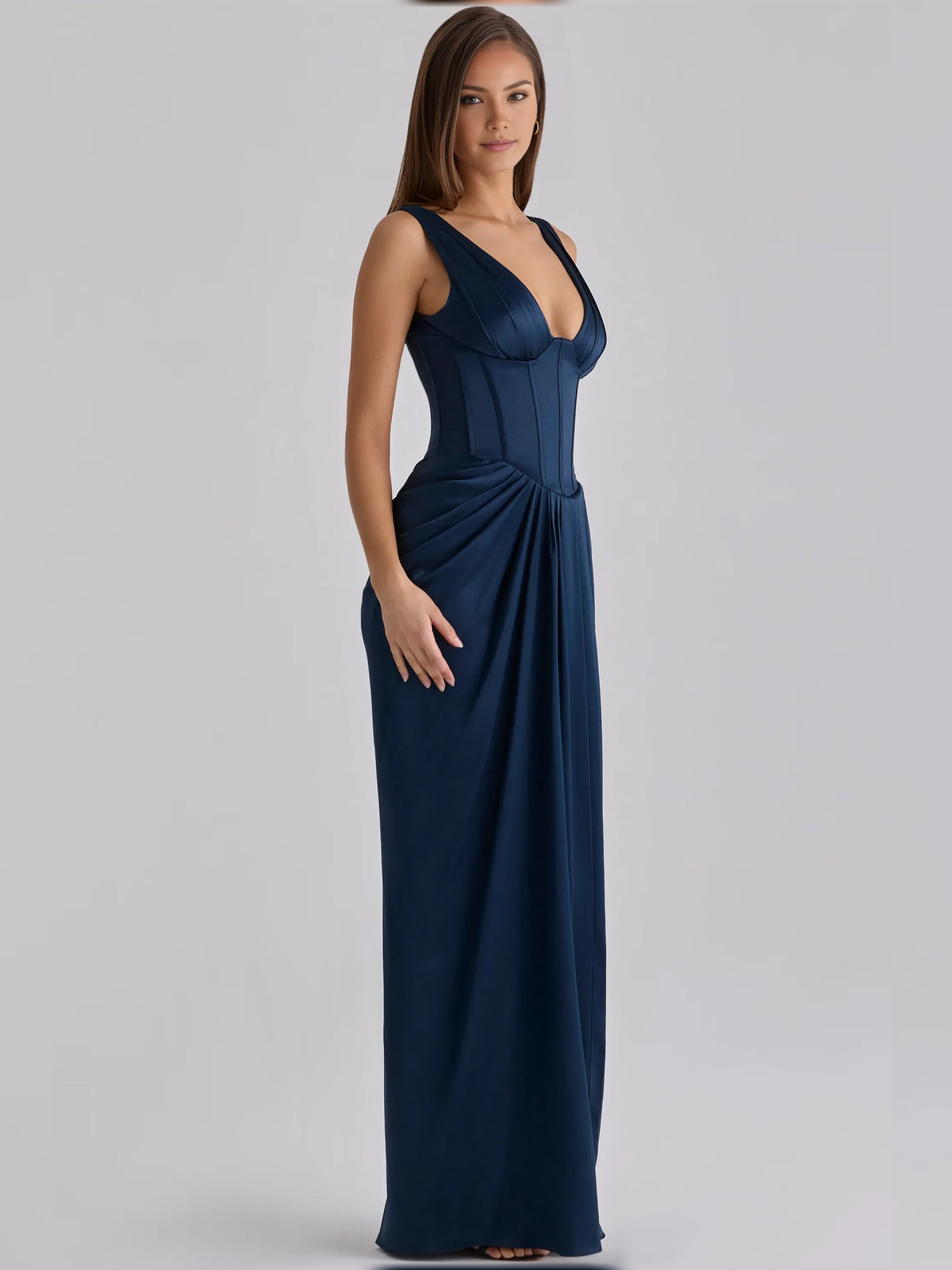 Blush Pink sheath floor-length formal dress with draping, alternate view showing the overall silhouette