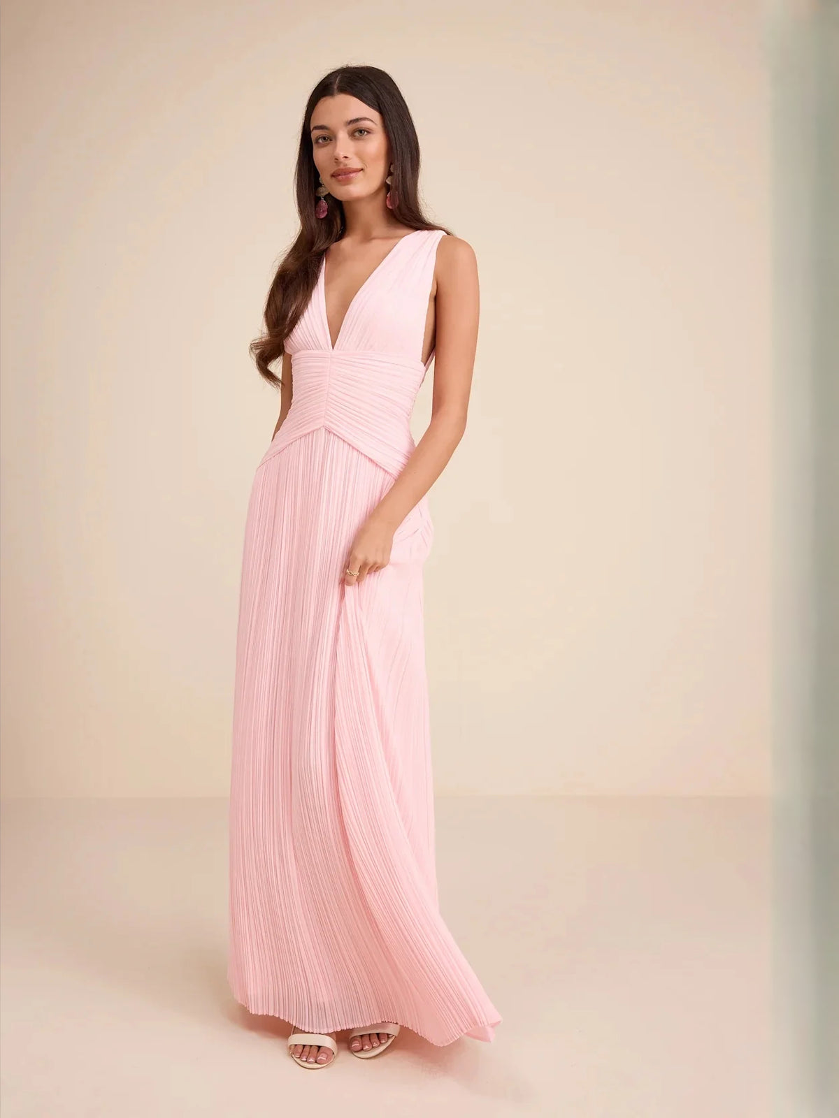 Light Pink maxi bridesmaid dress, alternate view showing the bodice and skirt