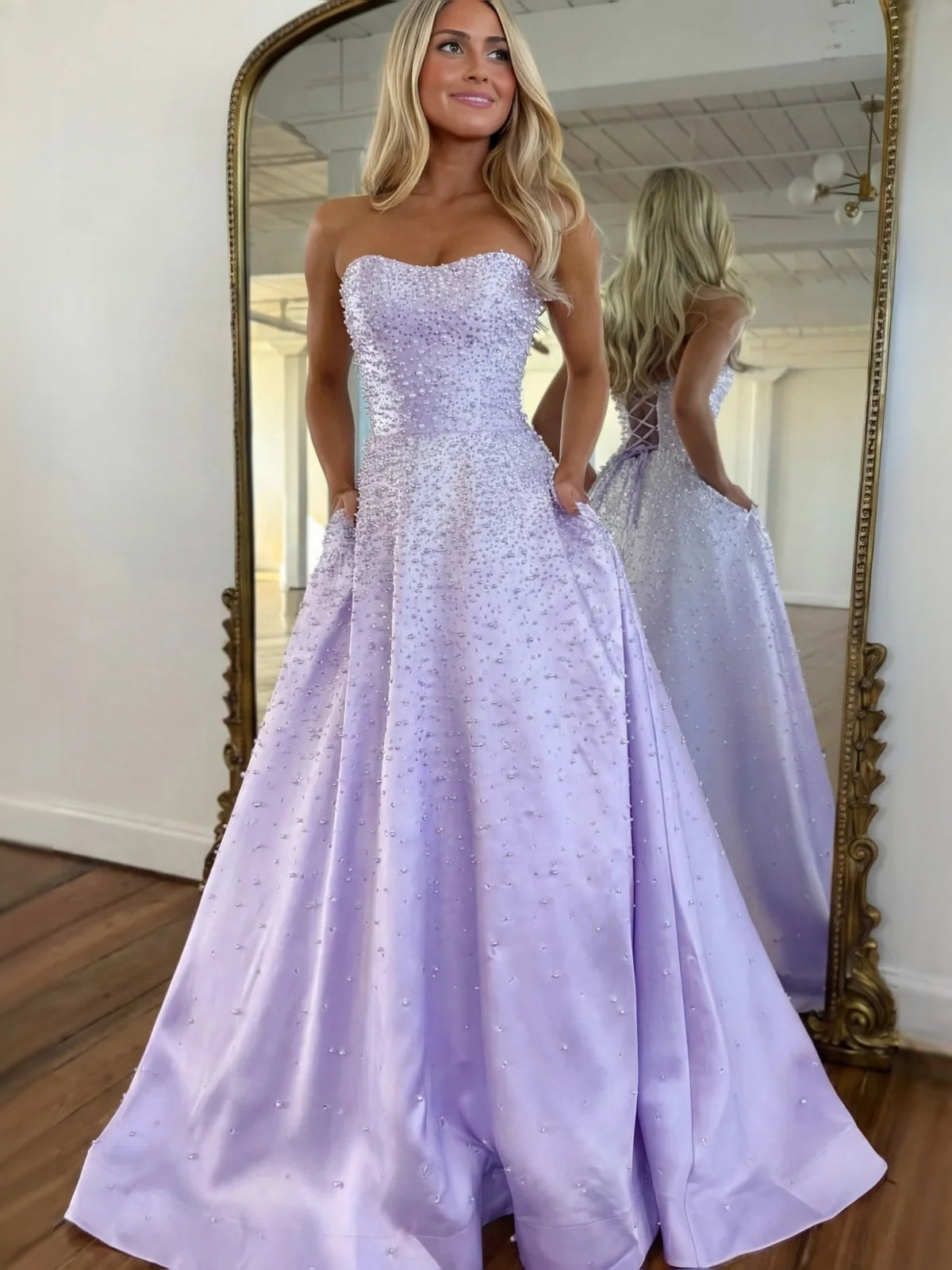 Lilac maxi prom dress, alternate view showing the bodice and skirt