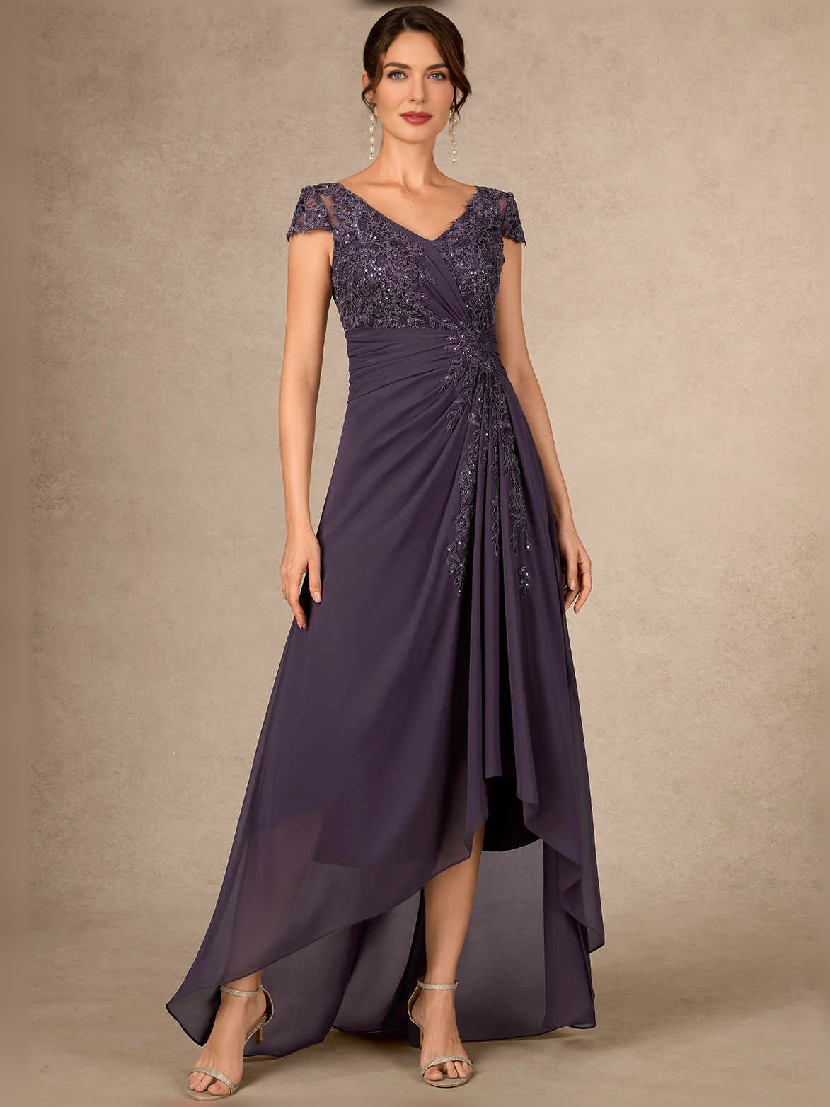 Deep Purple high-low mother of the bride dress, alternate view showing the bodice and skirt