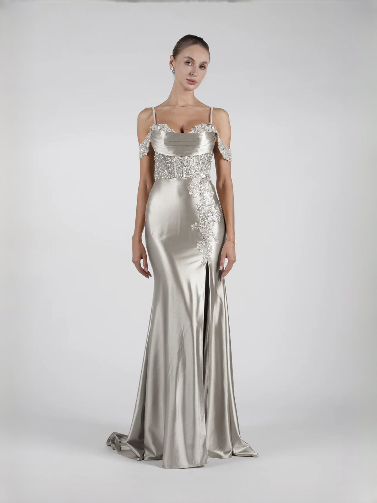 Silver floor-length prom dress, alternate view showing the bodice and skirt