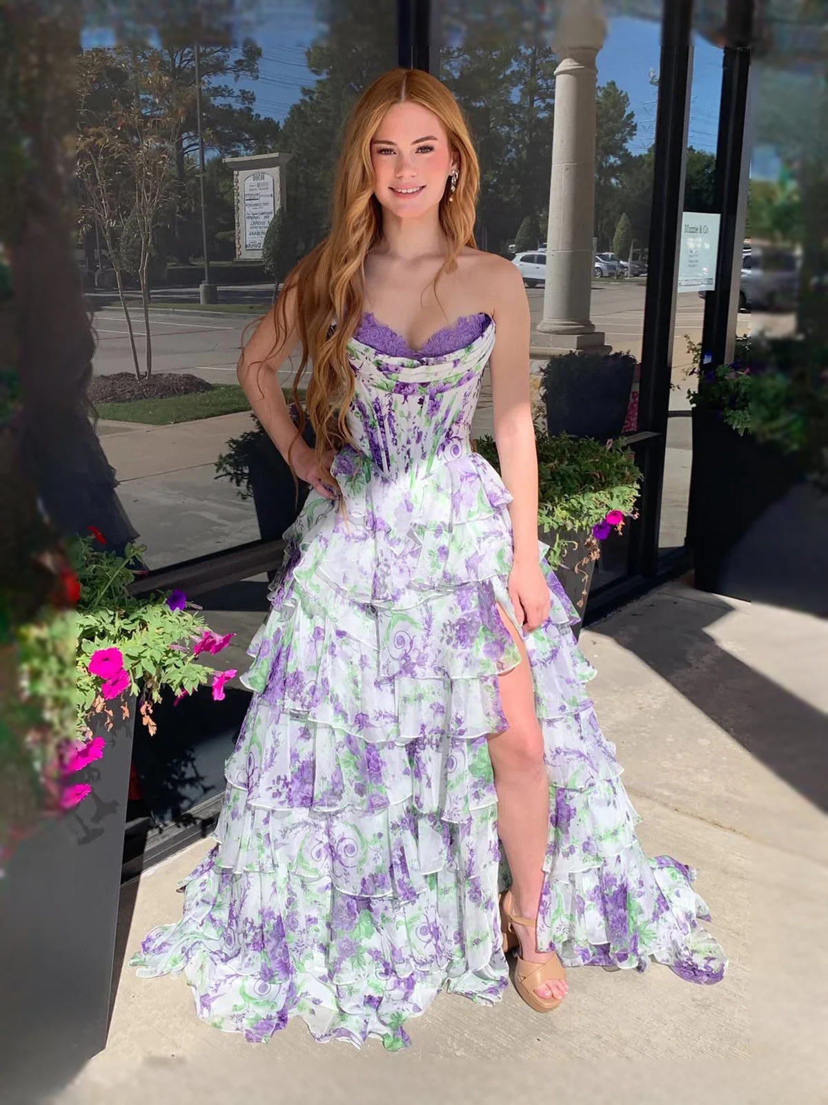 Lavender maxi prom dress, alternate view showing the bodice and skirt