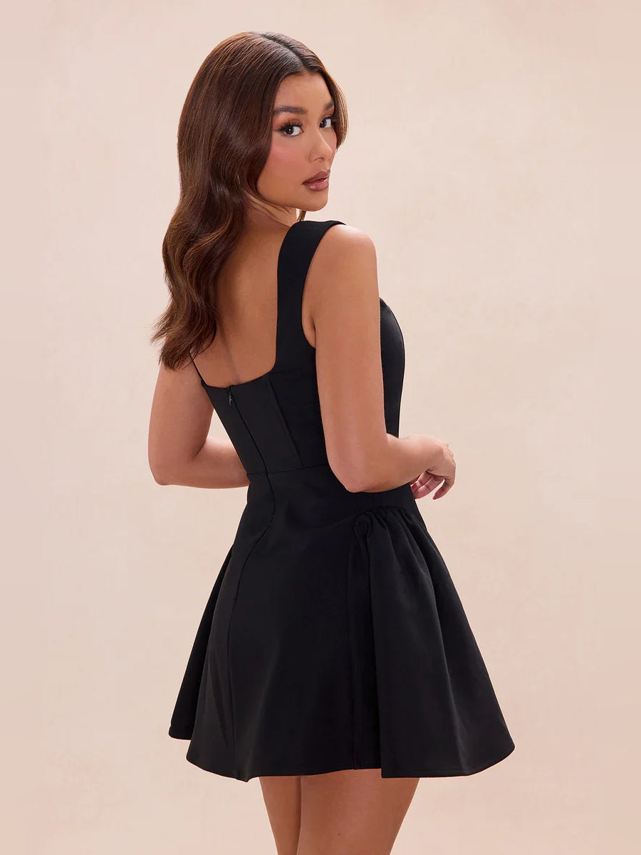 Red mini homecoming dress, alternate view showing the bodice and skirt