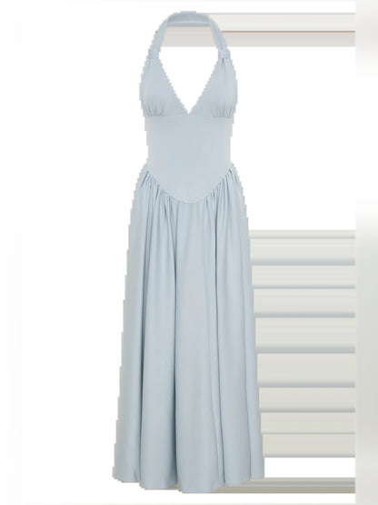 Blue midi formal dress with halter neckline, alternate view showing the overall silhouette