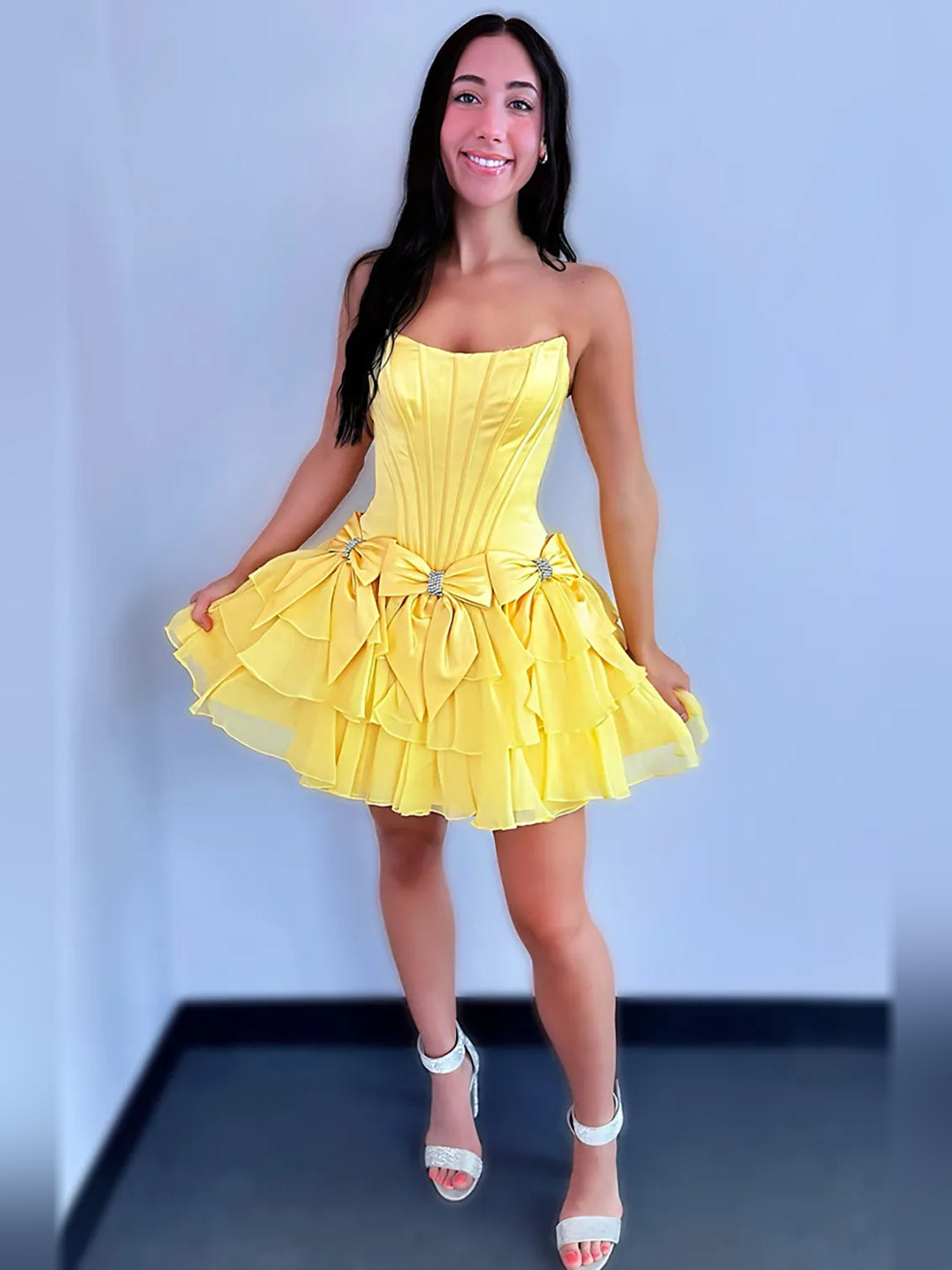 Black mini homecoming dress, alternate view showing the bodice and skirt