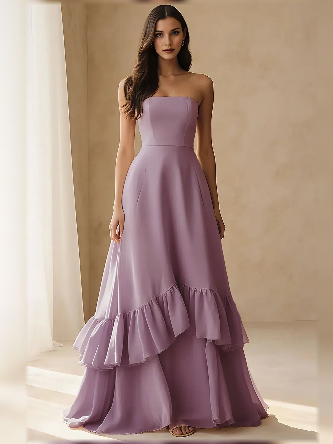 Wisteria a-line floor-length formal dress with ruffle details, alternate view