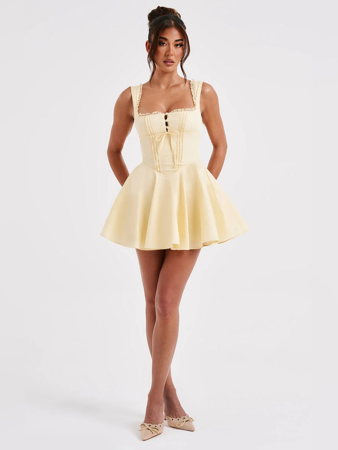 Lemon mini homecoming dress, alternate view showing the bodice and skirt from another angle
