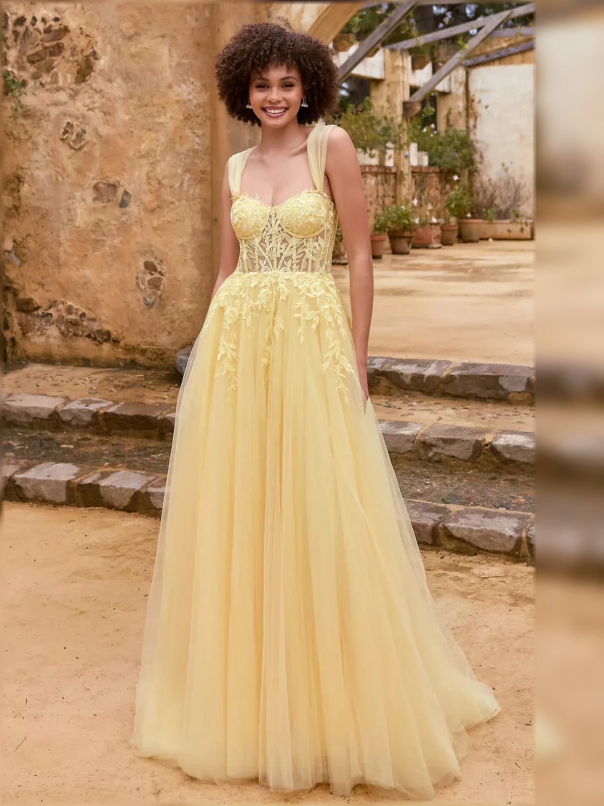 Pale Lemon a-line maxi formal dress with corset-style bodice, alternate view