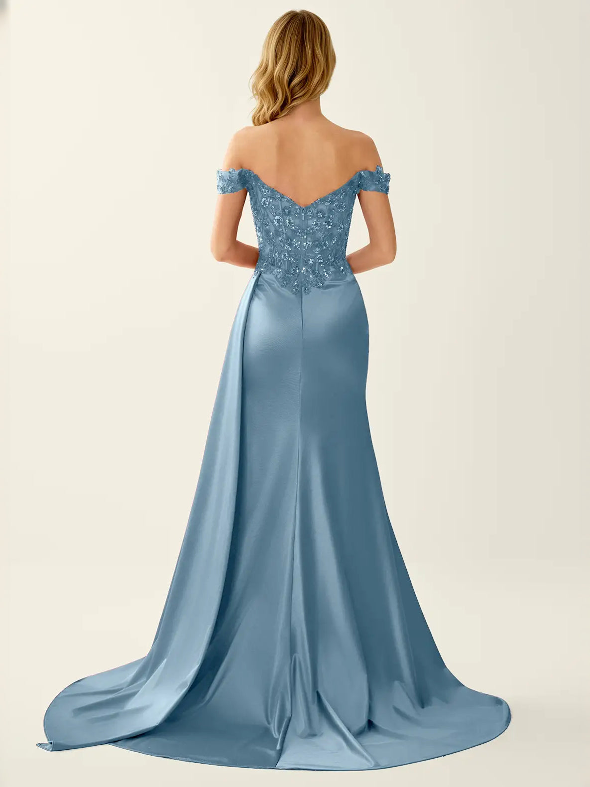 Champagne Gold floor-length prom dress, alternate view showing the bodice and skirt from another angle