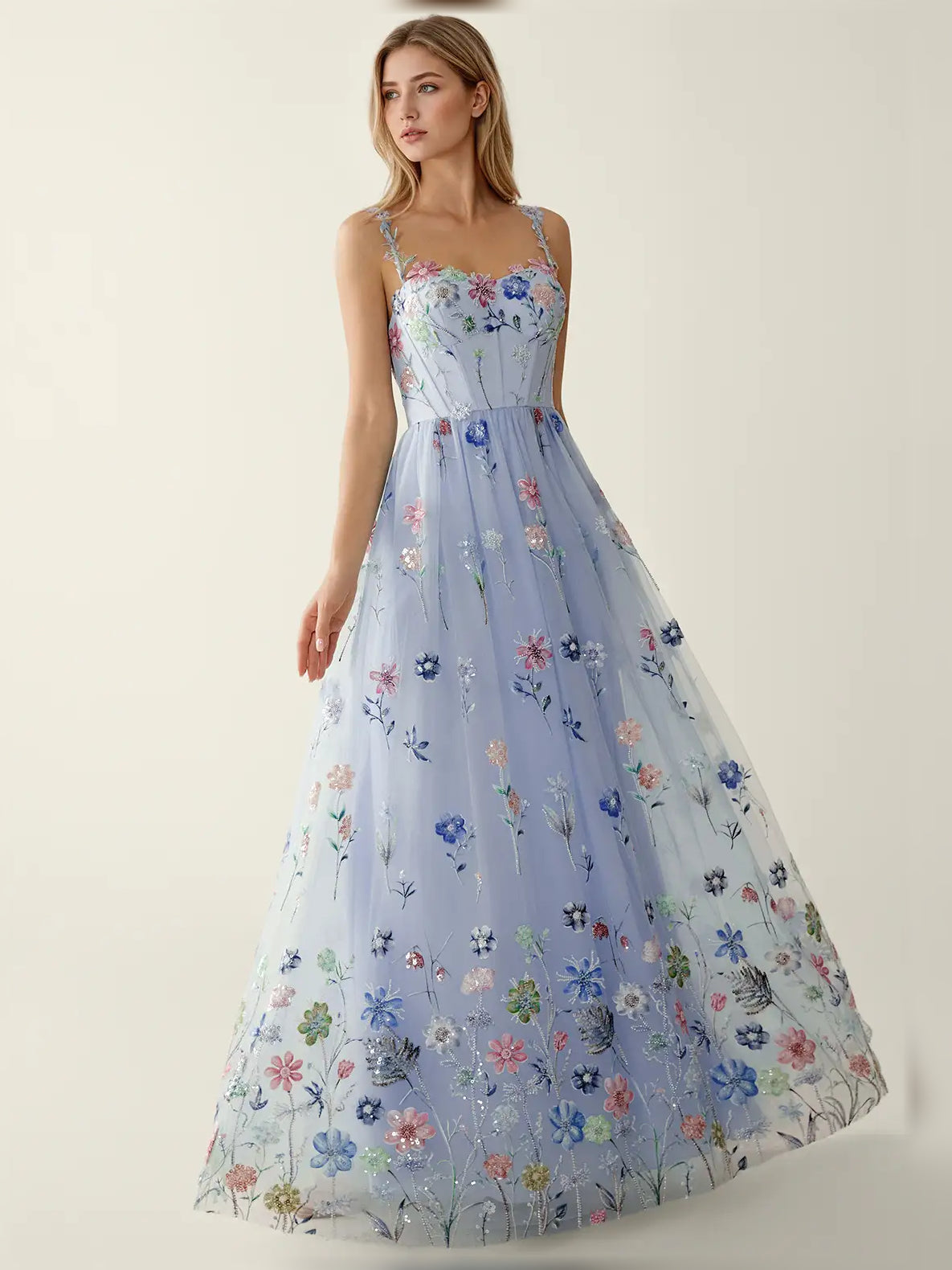 Light Blue fit-and-flare floor-length formal dress with corset-style bodice, alternate view