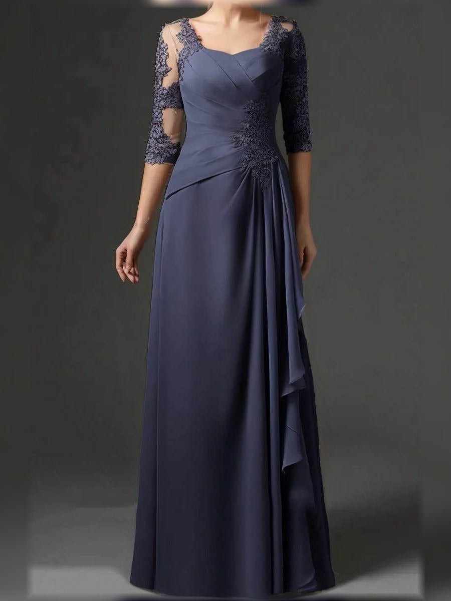 Dark Navy floor-length mother of the bride dress, alternate view showing the bodice and skirt