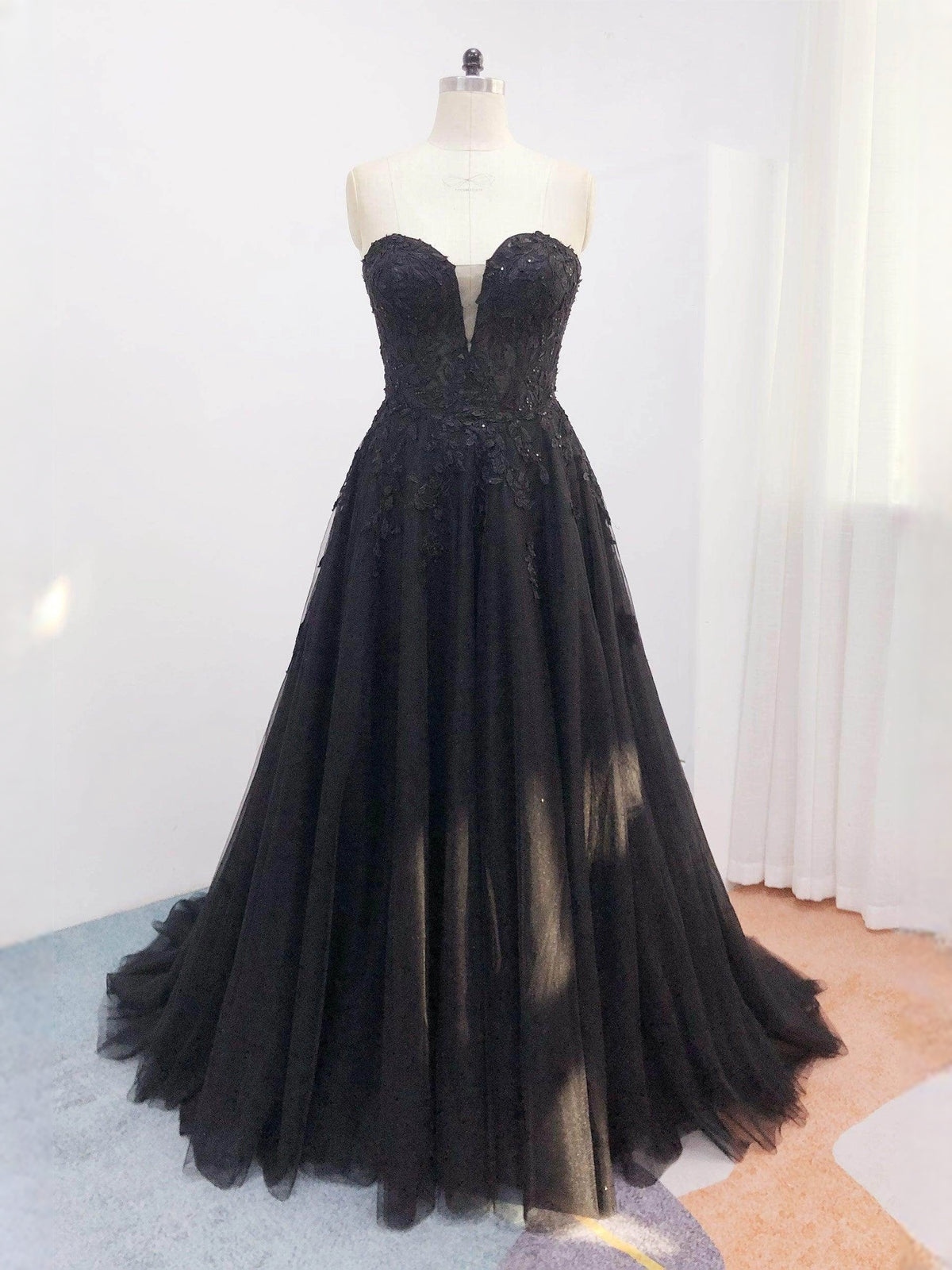 Black floor-length wedding dress, alternate view showing the bodice and skirt