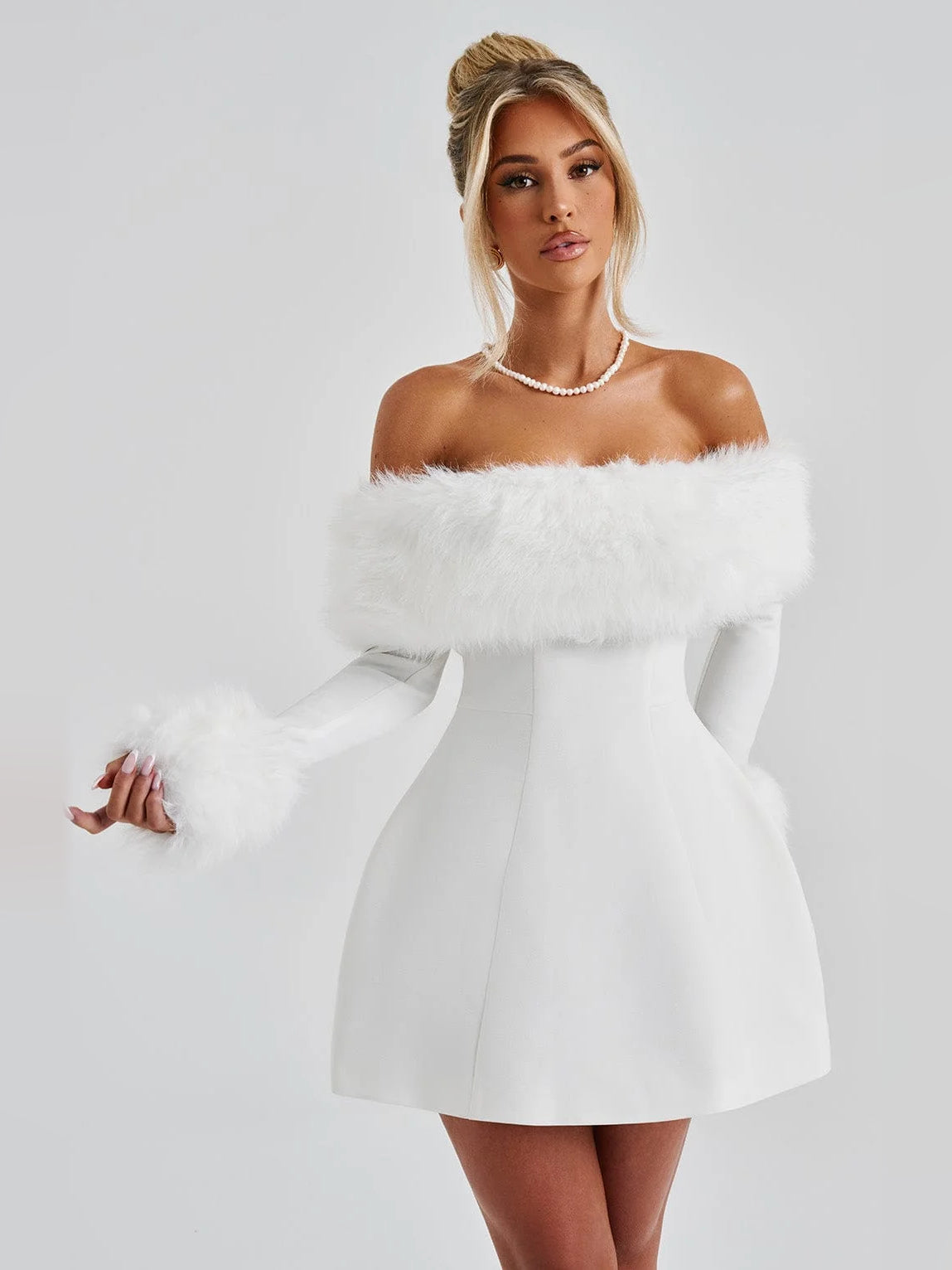 Ivory mini homecoming dress, alternate view showing the bodice and skirt from another angle