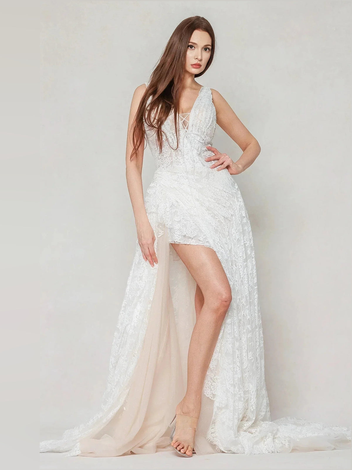 Ivory floor-length wedding dress, alternate view showing the bodice and skirt from another angle