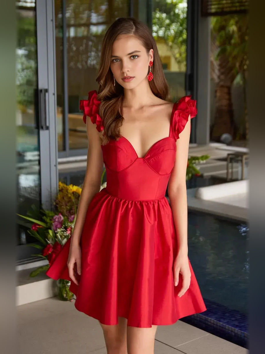 Red mini homecoming dress, alternate view showing the bodice and skirt