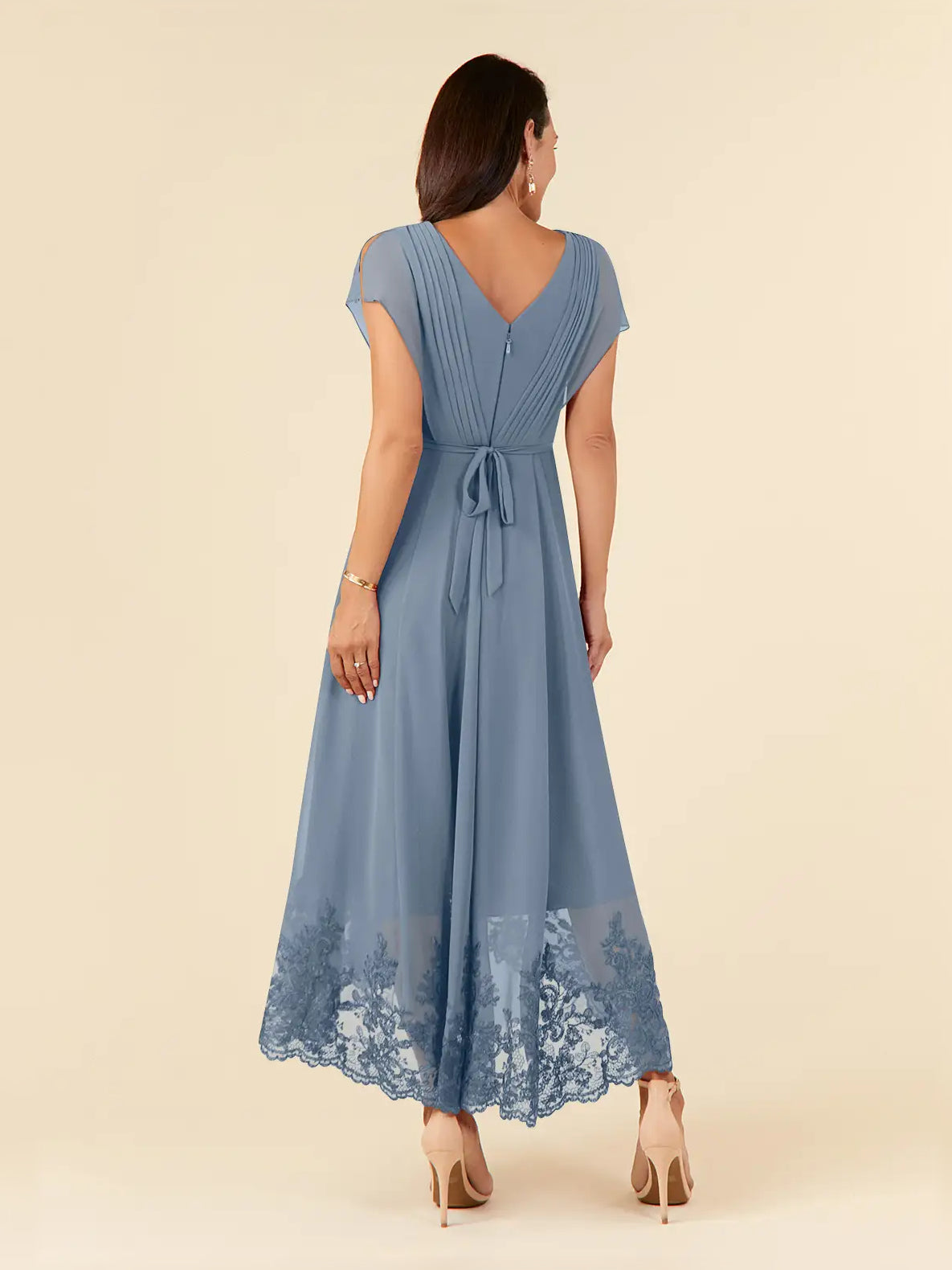 Royal Blue midi mother of the bride dress, alternate view showing the bodice and skirt from another angle