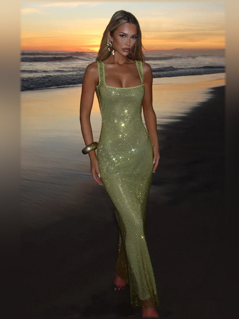 Gold mermaid floor-length formal dress with square neckline, alternate view showing the overall silhouette