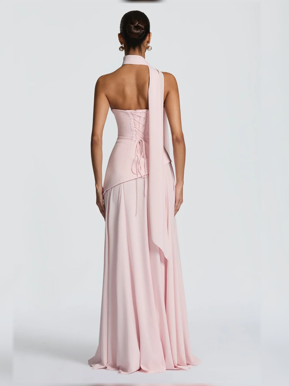 Dusty Sage a-line floor-length formal dress with corset-style bodice, alternate view showing the overall silhouette