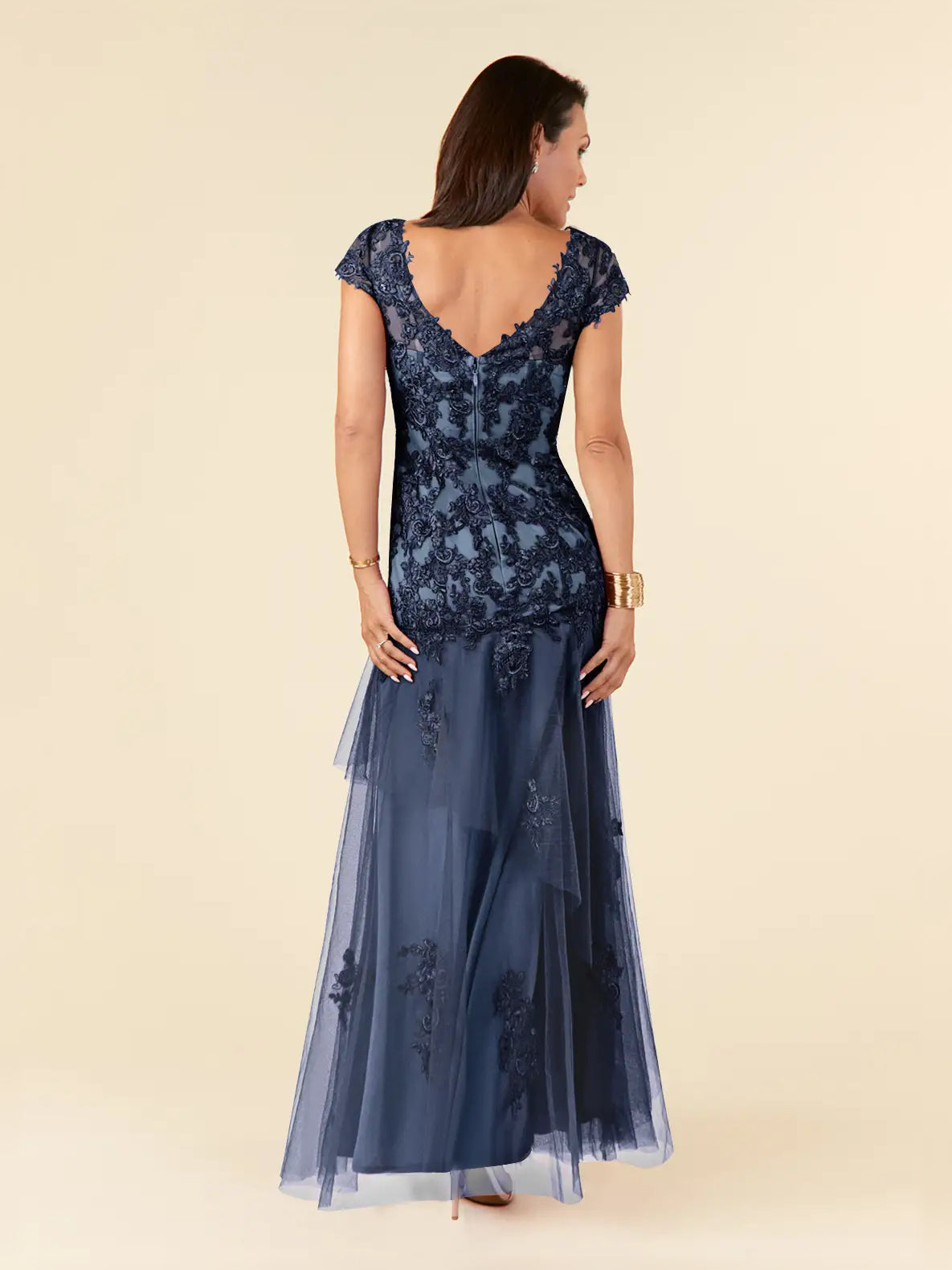 Dark Navy floor-length mother of the bride dress, alternate view showing the bodice and skirt
