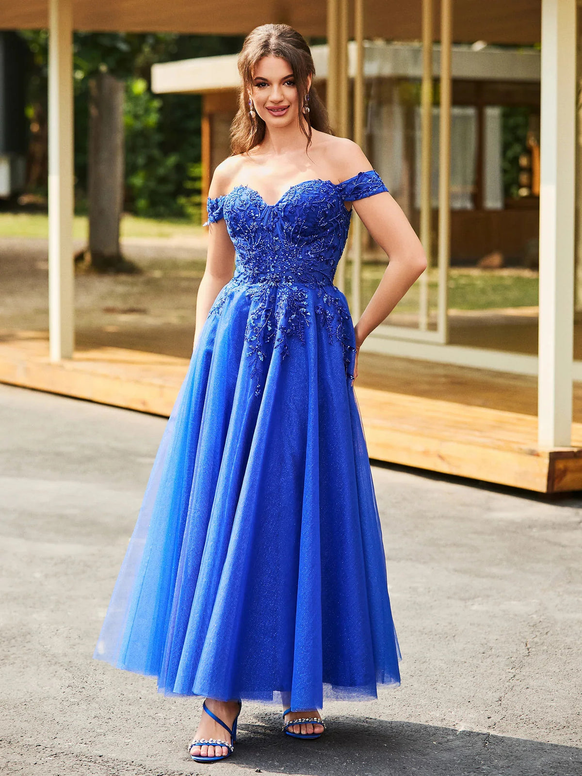 Blue tea-length prom dress, alternate view showing the bodice and skirt from another angle