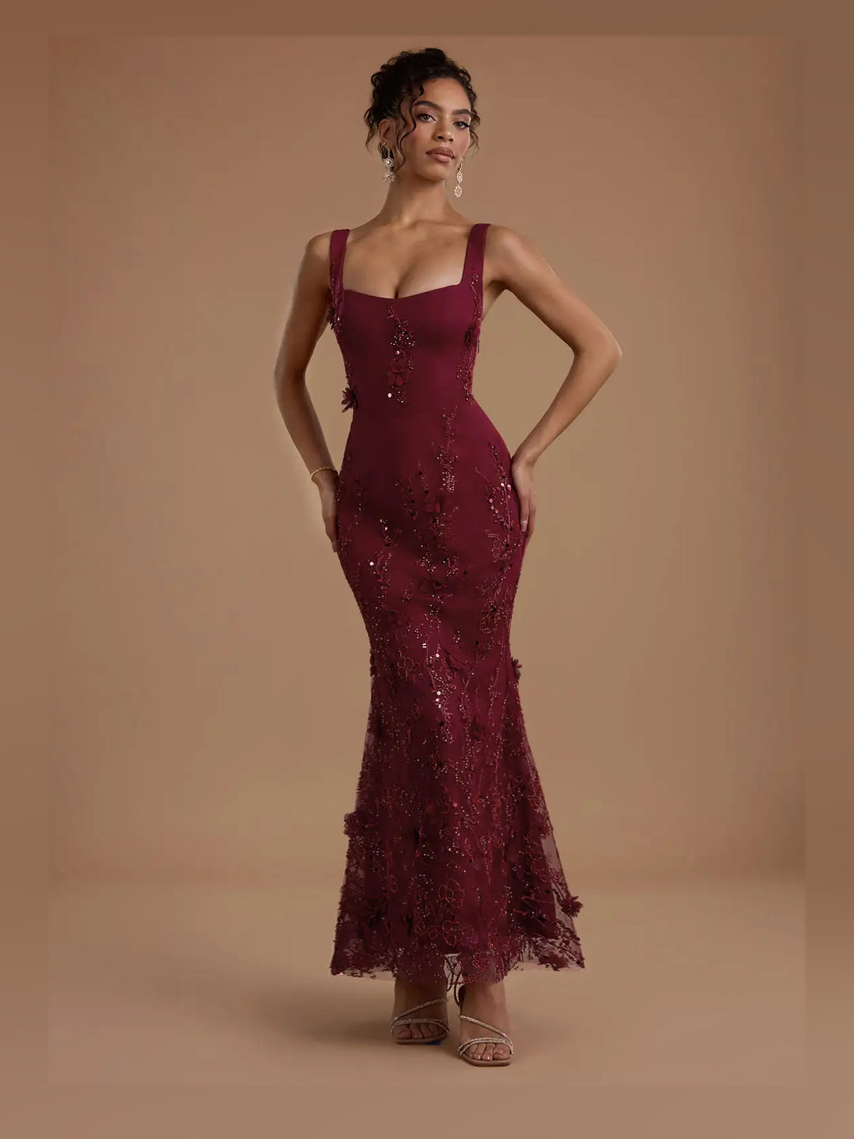 Burgundy floor-length prom dress, alternate view showing the bodice and skirt