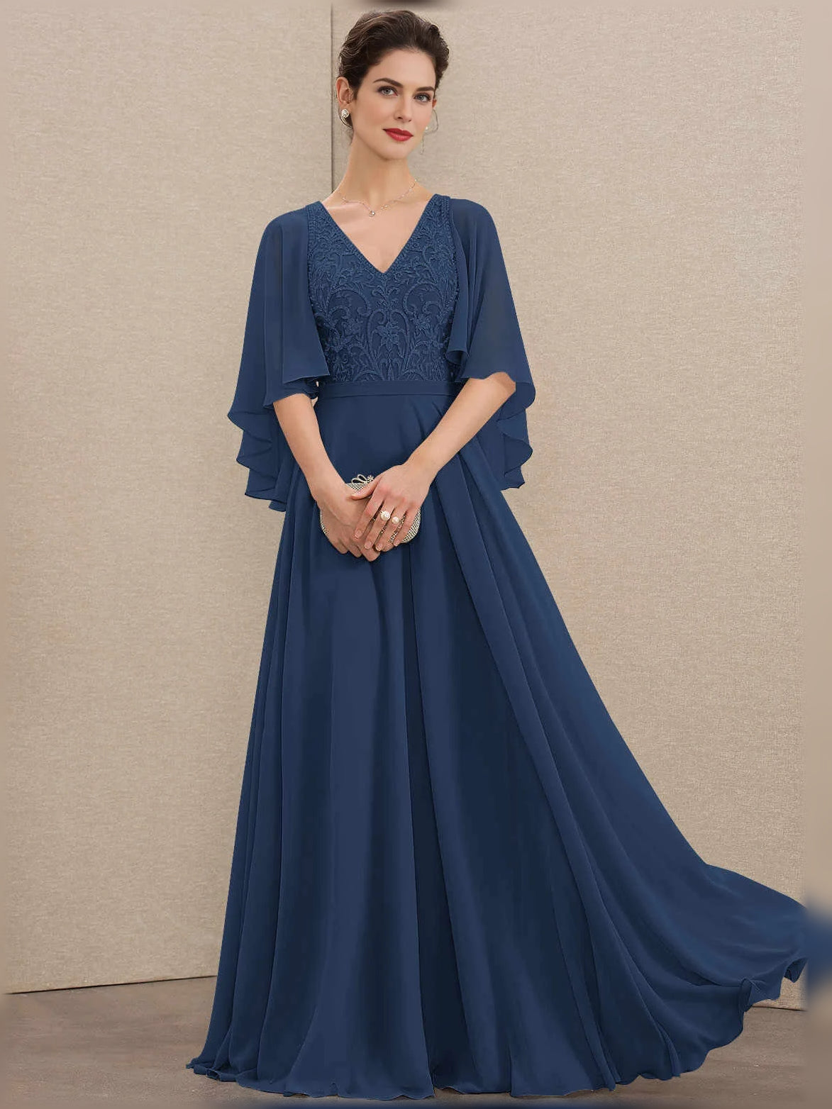 Dark Blue floor-length mother of the bride dress, alternate view showing the bodice and skirt