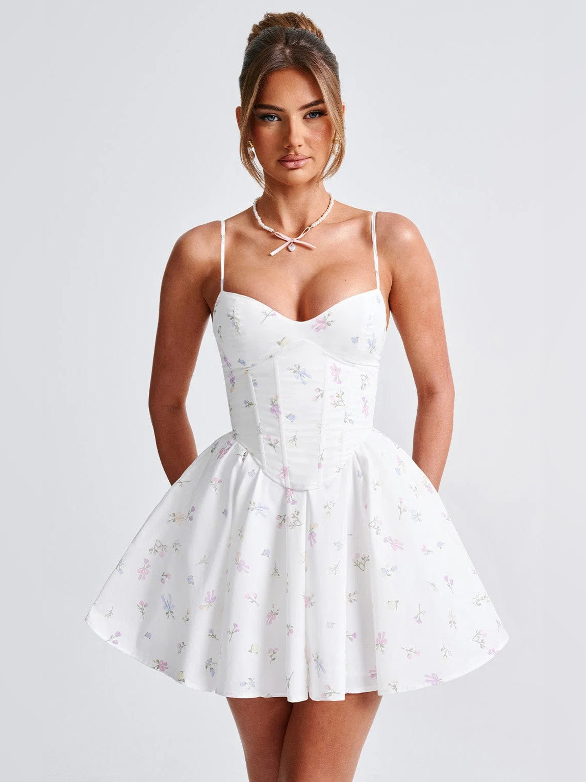 Floral mini homecoming dress, alternate view showing the bodice and skirt from another angle