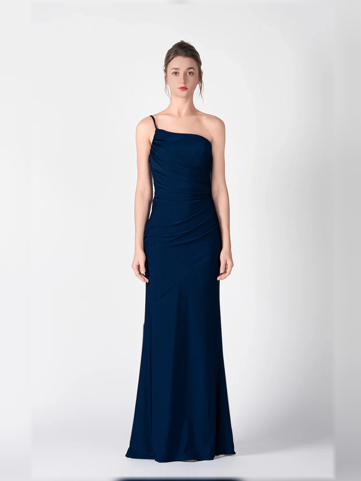 Navy Blue mermaid floor-length formal dress with ruching, alternate view