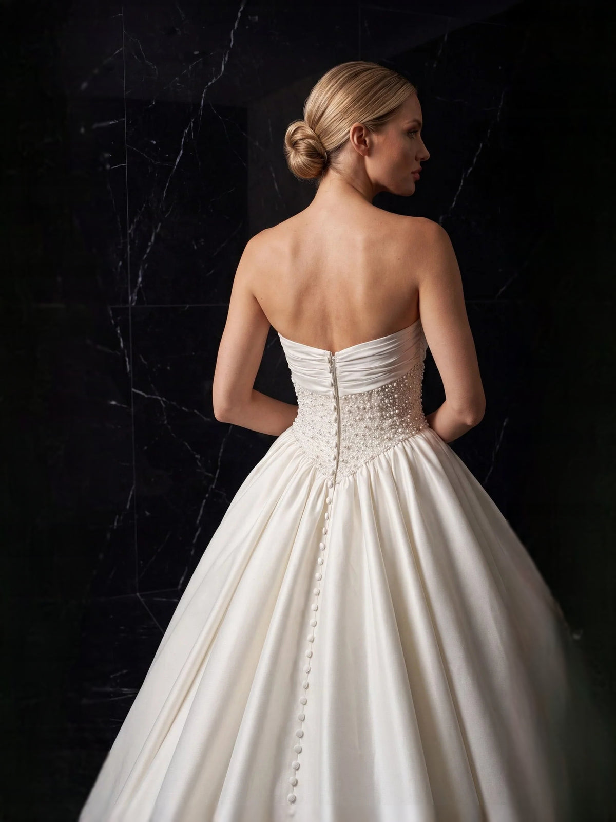 Ivory floor-length wedding dress, alternate view showing the bodice and skirt from another angle