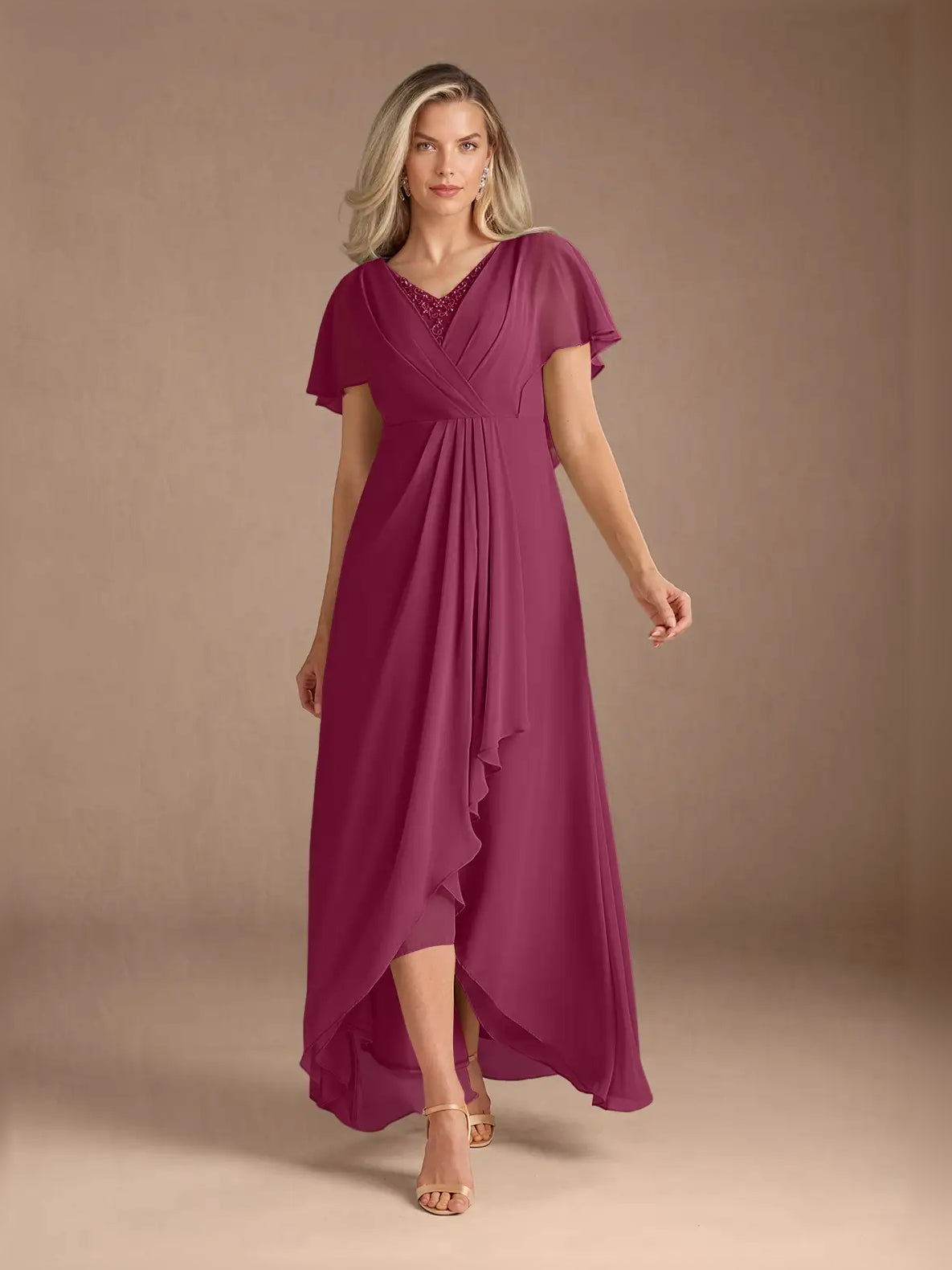 Mulberry high-low mother of the bride dress, alternate view showing the bodice and skirt