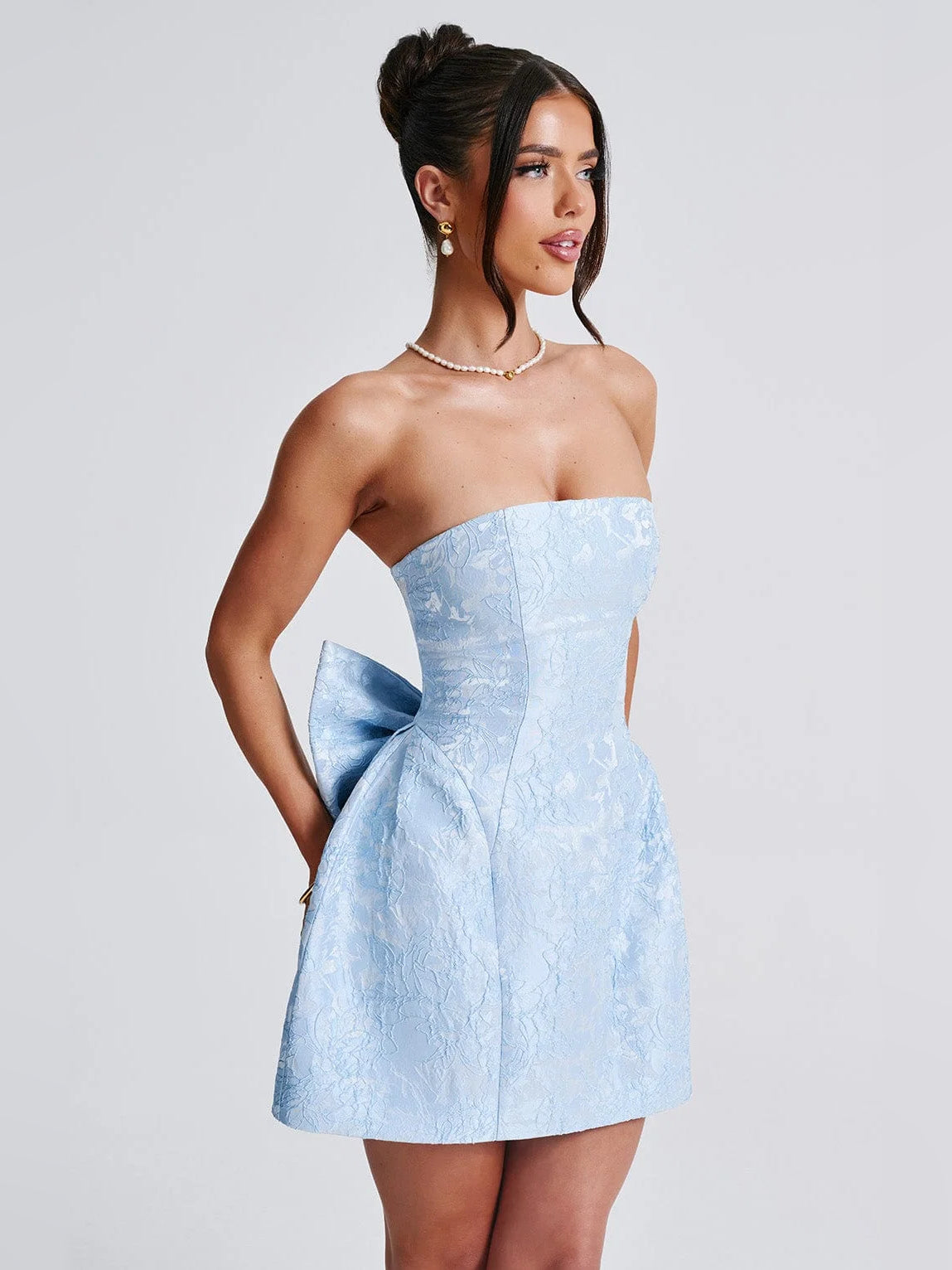 Blue mini homecoming dress, alternate view showing the bodice and skirt from another angle