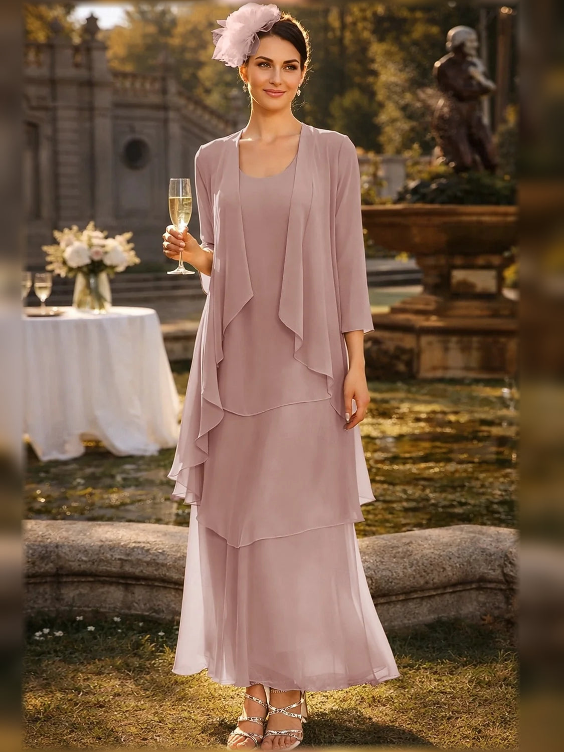 Dusty Rose maxi mother of the bride dress, alternate view showing the bodice and skirt