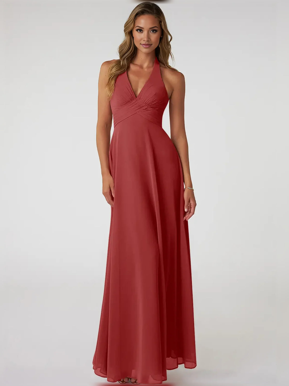 Rust maxi bridesmaid dress, alternate view showing the bodice and skirt