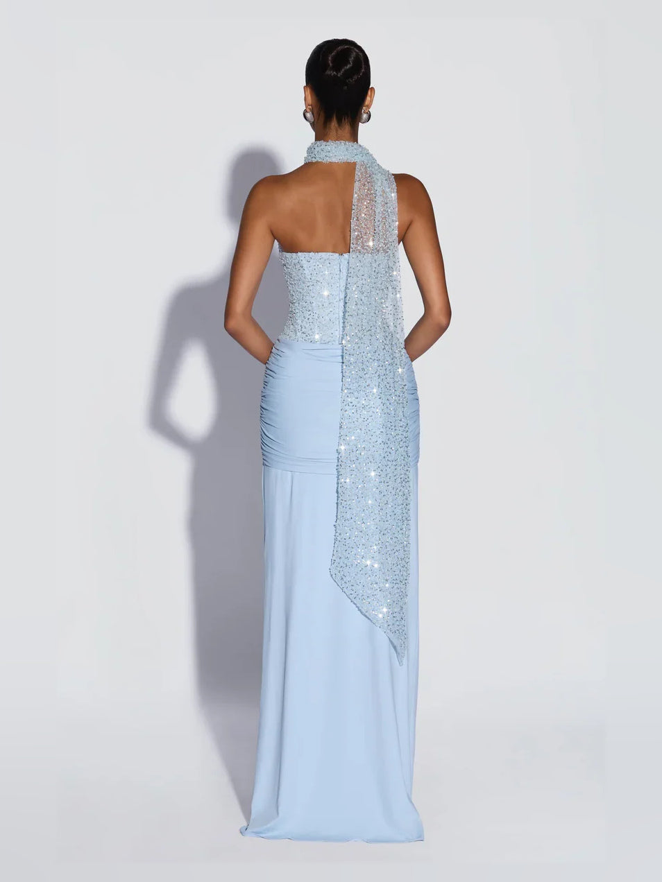 Light Pink maxi prom dress, alternate view showing the bodice and skirt
