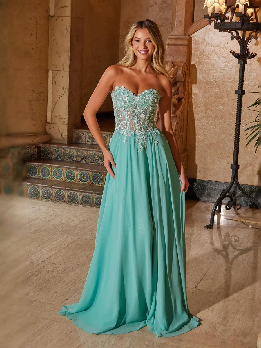 Turquoise floor-length prom dress, alternate view showing the bodice and skirt