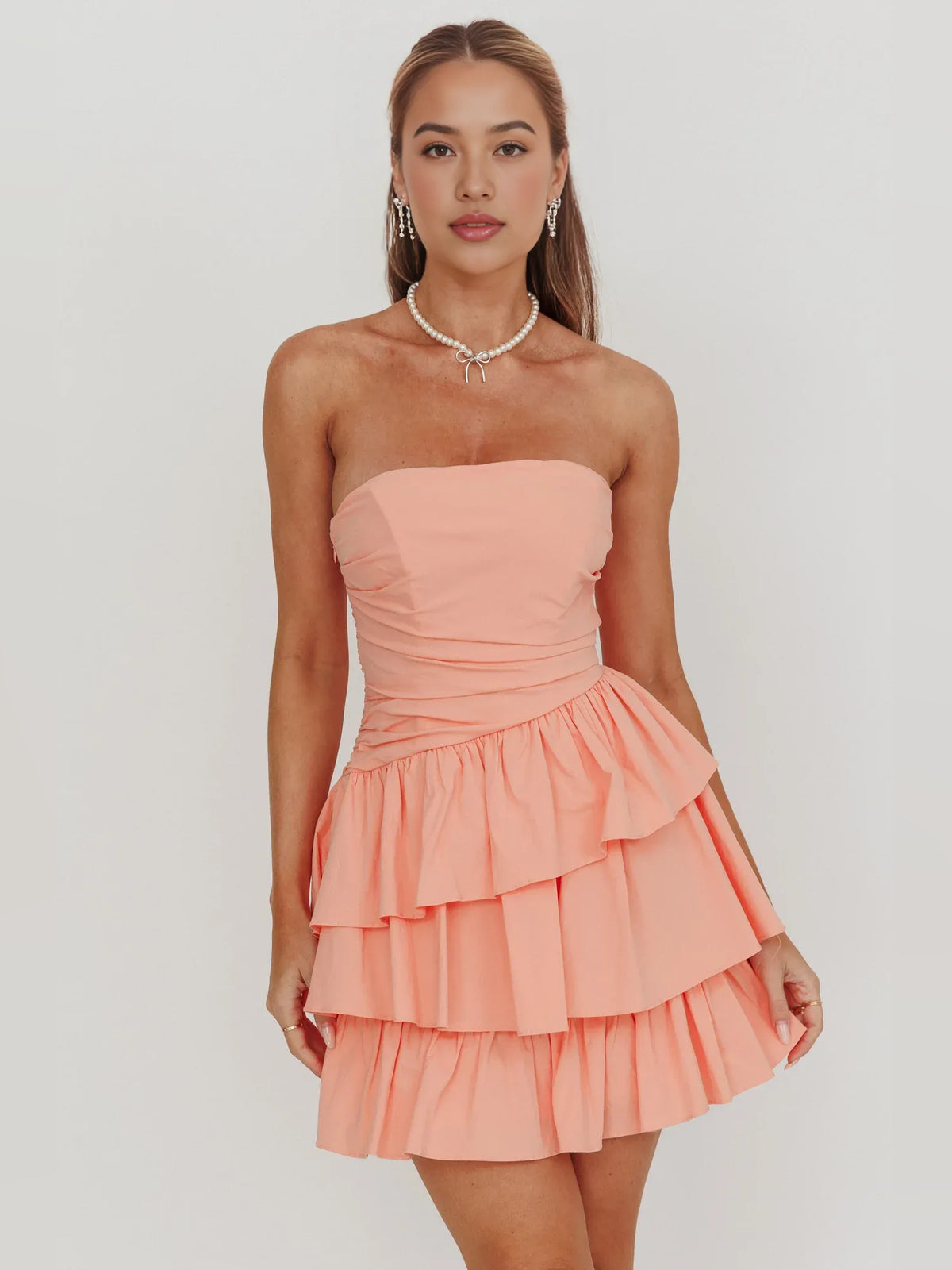 Coral mini homecoming dress, alternate view showing the bodice and skirt