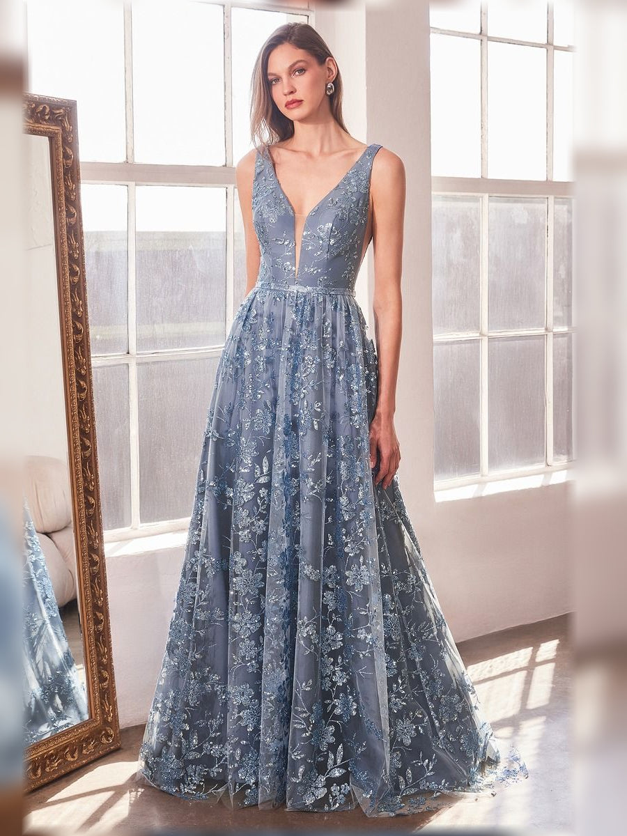 Dusty Blue a-line floor-length formal dress with draping, alternate view