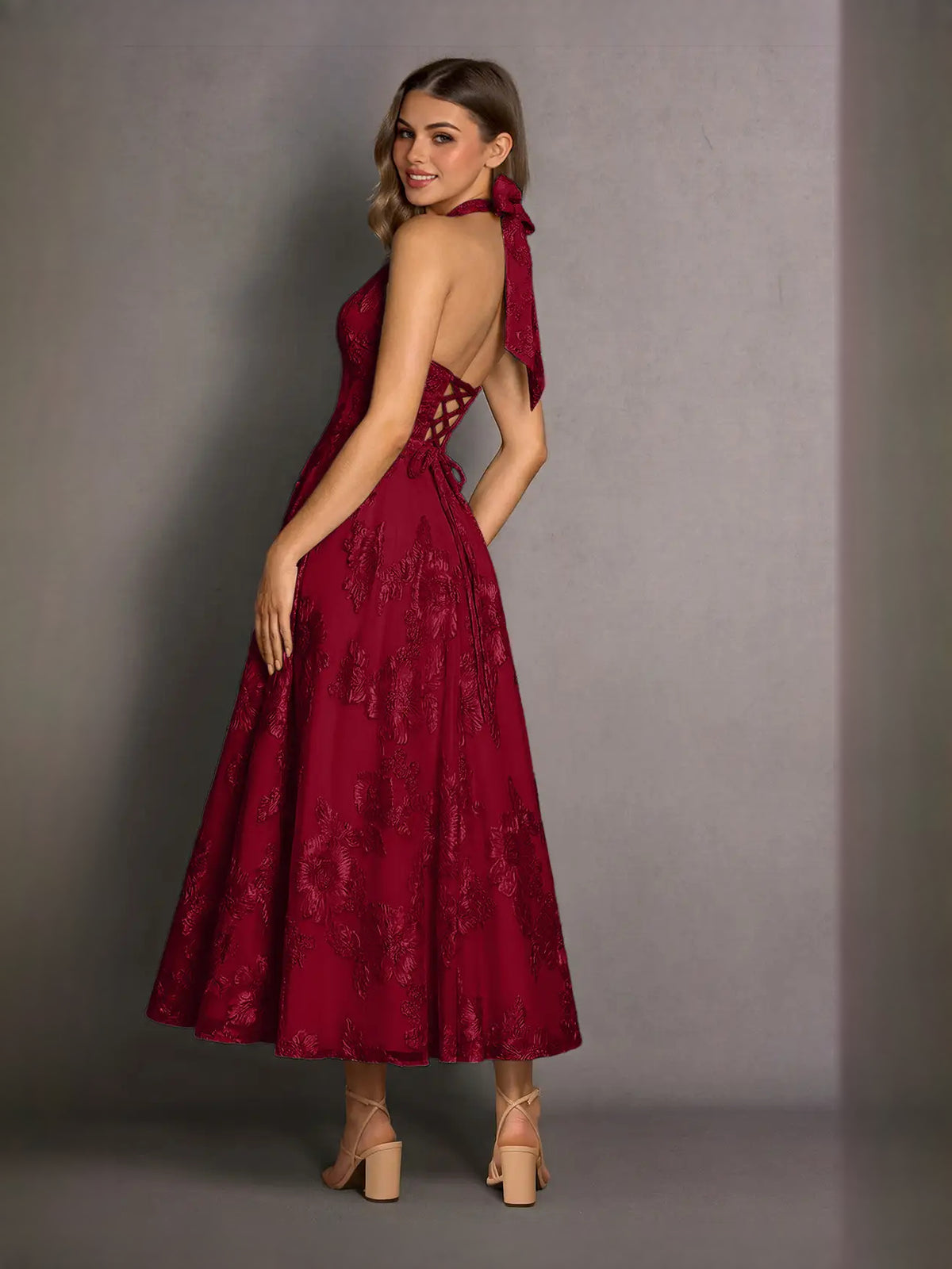 Ivory midi prom dress, alternate view showing the bodice and skirt from another angle