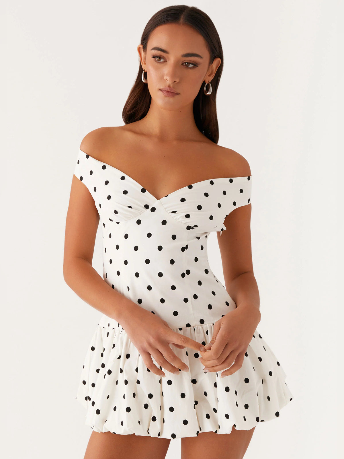 White Polka Dot mini homecoming dress, alternate view showing the bodice and skirt from another angle