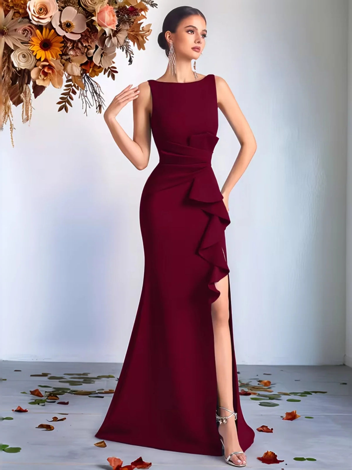 Crimson Red floor-length prom dress, alternate view showing the bodice and skirt