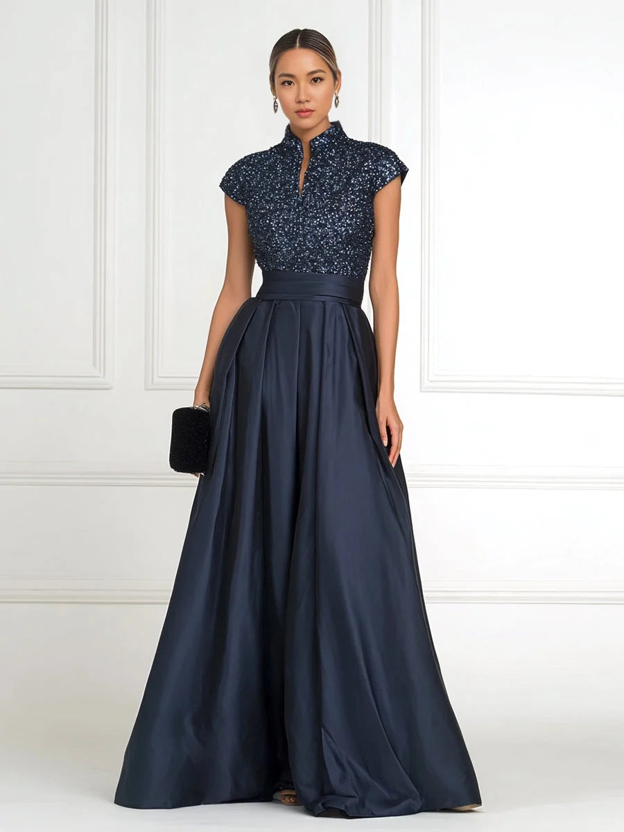 Navy Blue floor-length mother of the bride dress, alternate view showing the bodice and skirt