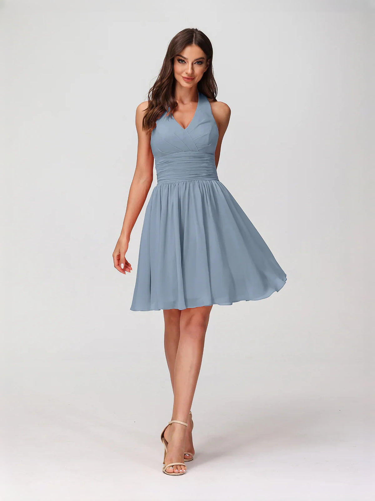 Dusty Blue mini bridesmaid dress, alternate view showing the bodice and skirt