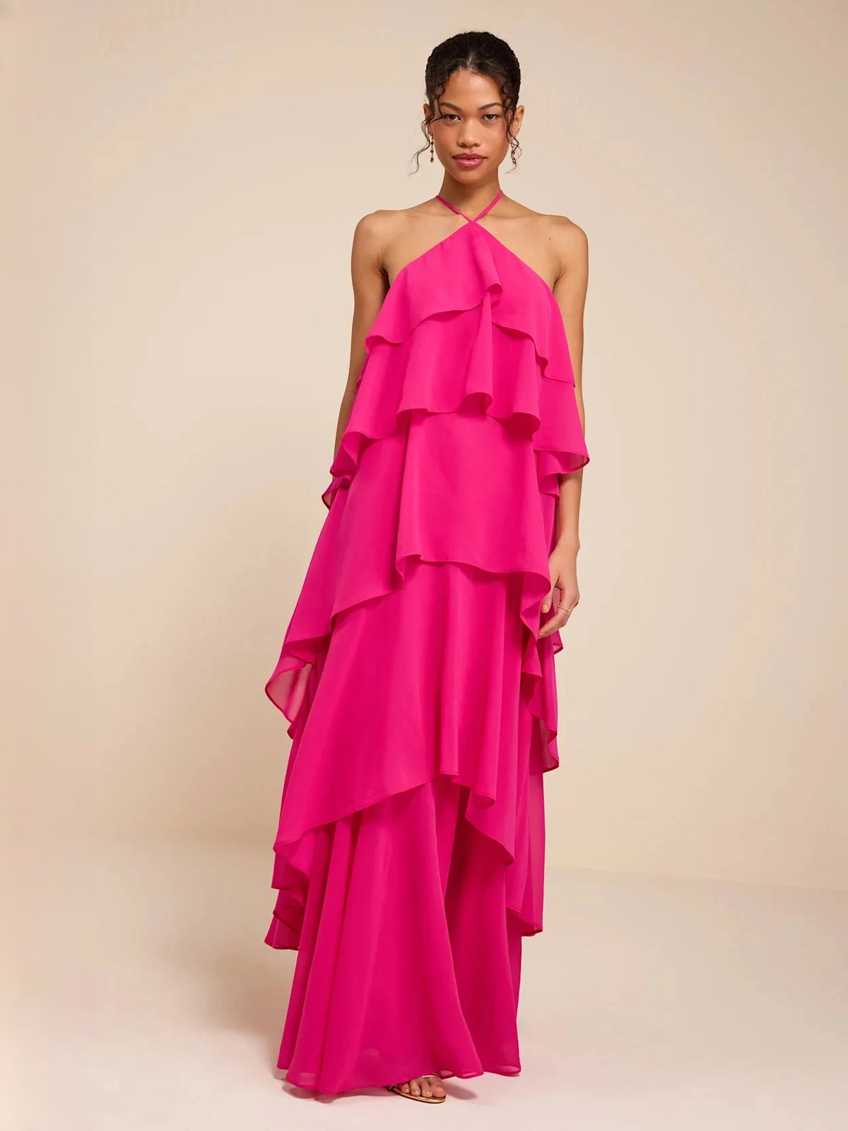 Hot Pink maxi bridesmaid dress, alternate view showing the bodice and skirt