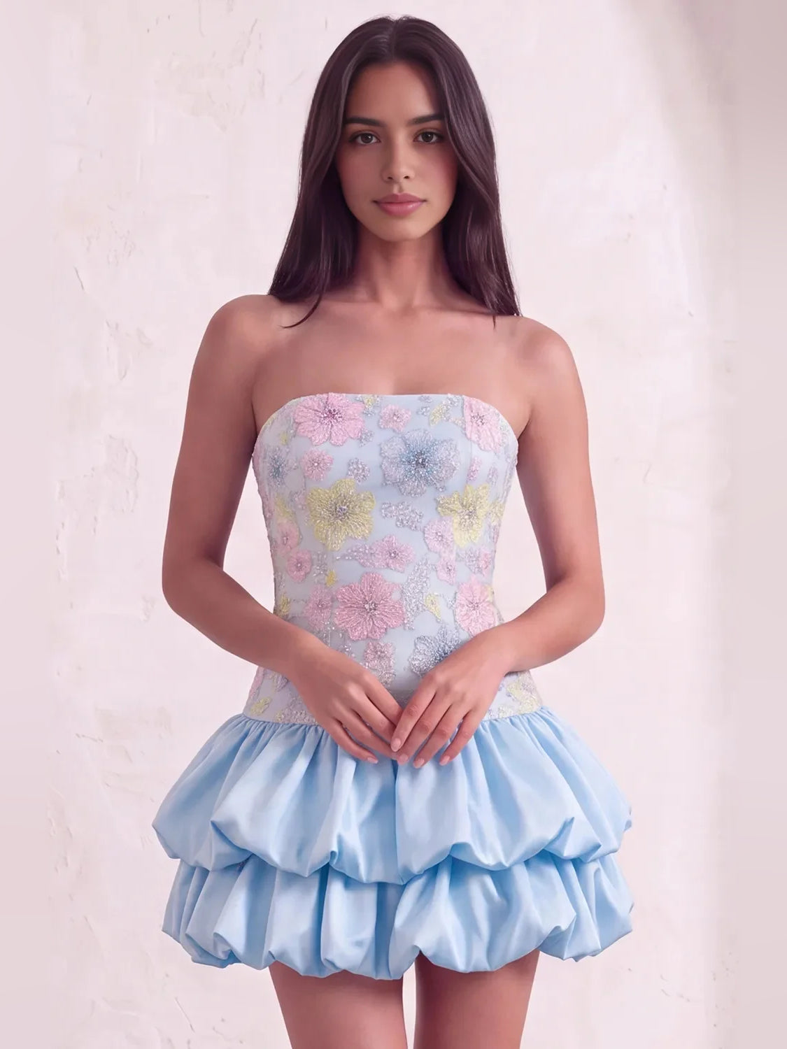 Pink mini homecoming dress, alternate view showing the bodice and skirt