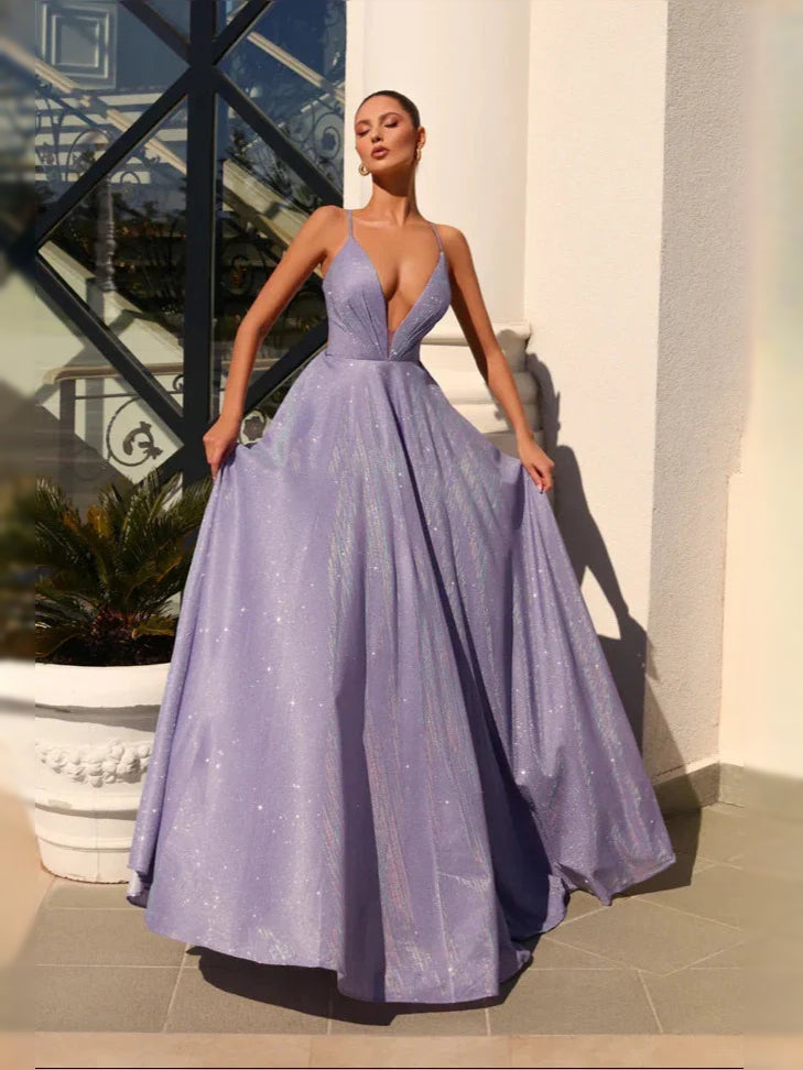Lilac maxi prom dress, back view showing the rear of the dress with the dress shown closer