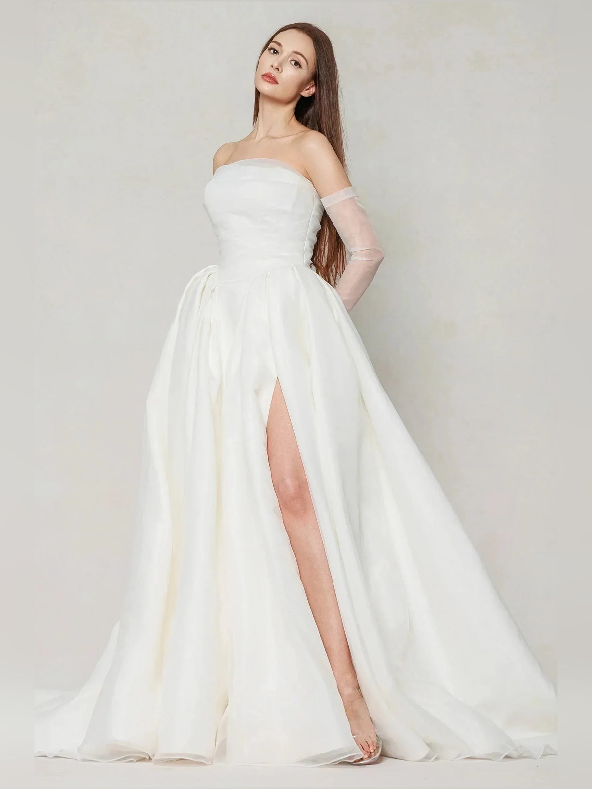 Ivory floor-length wedding dress, alternate view showing the bodice and skirt from another angle