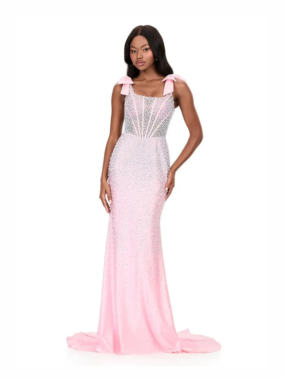 Pink floor-length prom dress, alternate view showing the bodice and skirt