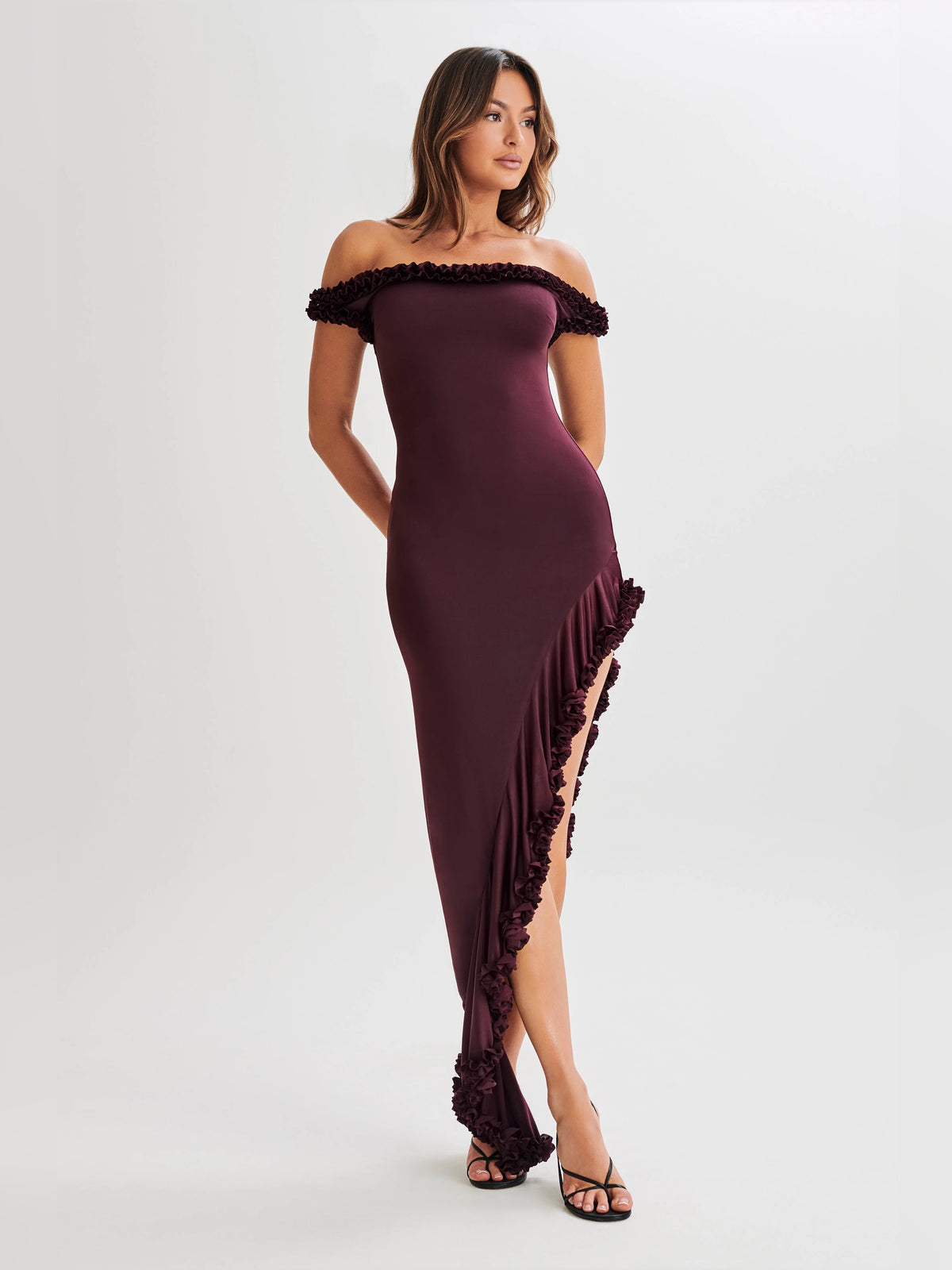 Plum midi formal dress with ruffle details, alternate view showing the overall silhouette