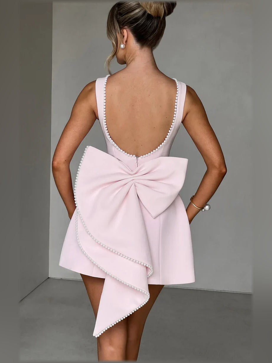 White a-line mini formal dress with skirt slit, alternate view showing the overall silhouette